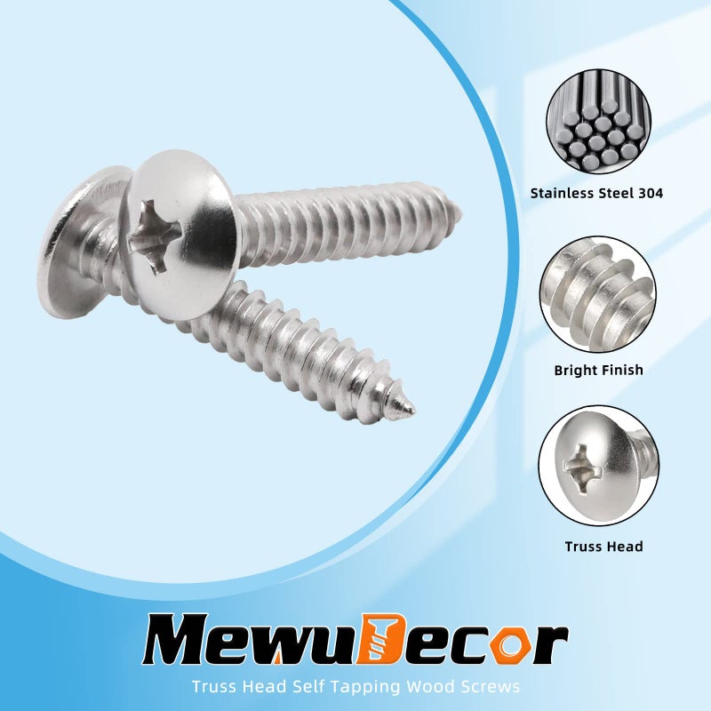 MewuDecor #10 x 1-1/4" Truss Head Self Tapping Wood Screws Sheet Metal Screws, 304 Stainless Steel 18-8, 100 PCS - Image 3